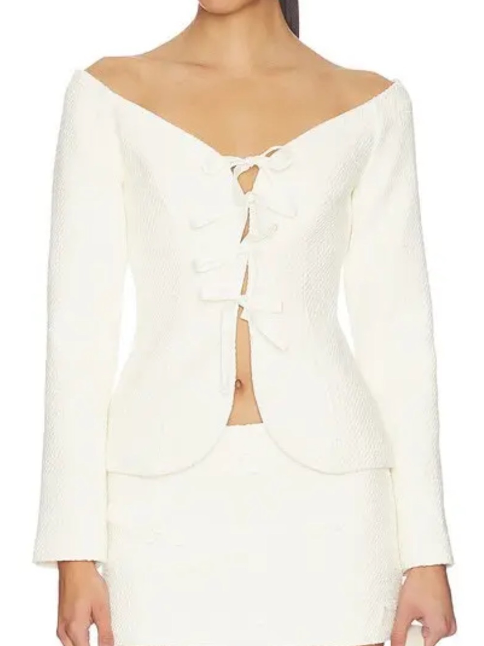 MAJORELLE Ivory Off-Shoulder Knit Top with Front Bows